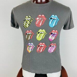Rolling Stones Mens T-Shirt Gray Colorful Graphic Tongues Hot Lips L *